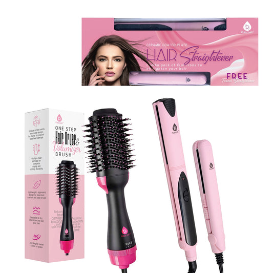 Hair Styling Power Bundle: One Step Hair Dryer & Volumizer Brush + Professional Salon Quality Flat Iron